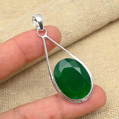 Green Onyx Gemstone 925 Solid Silver Handmade Oval Shaped Pendant Jewelry