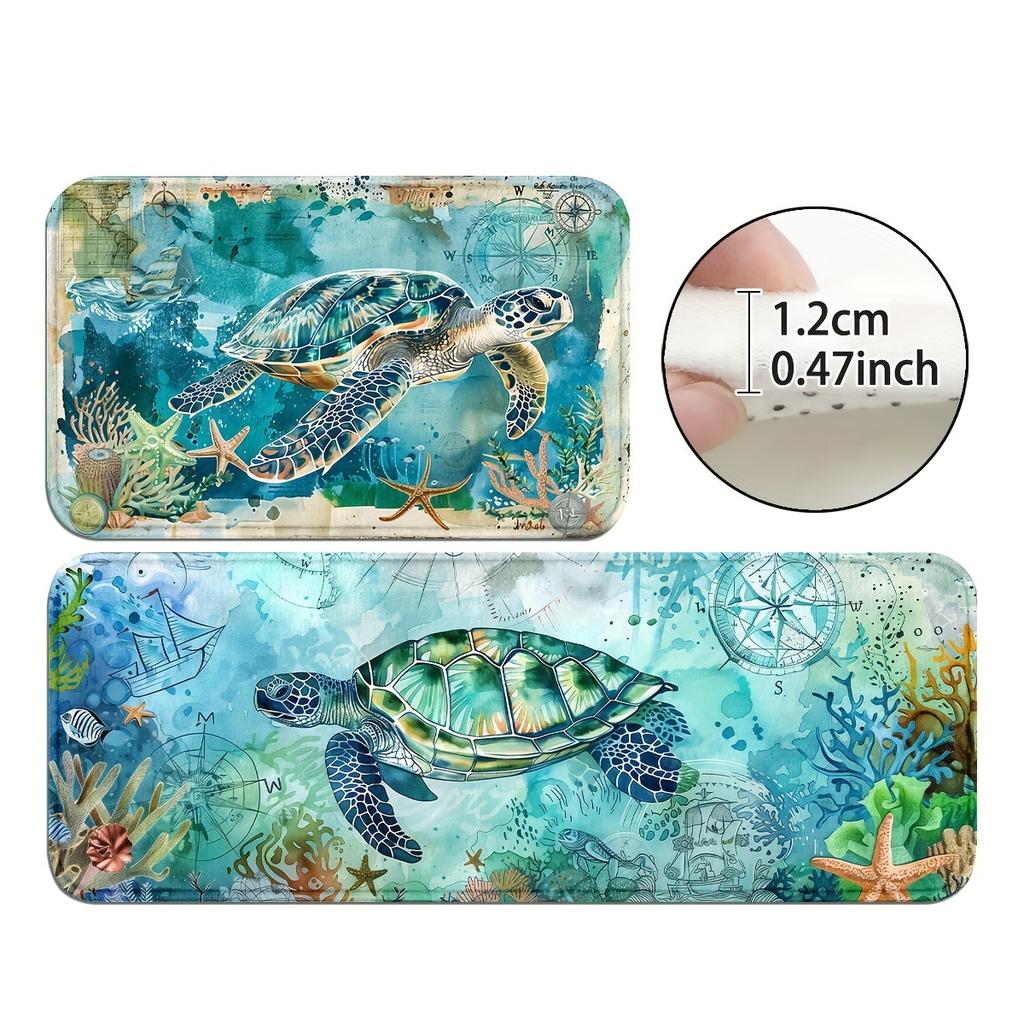 2Pcs Anti Fatigue Kitchen Rugs, OneHouse Sea Turtle Print Waterproof Non-Slip Thick Cushioned Kitchen Mat Heavy Duty Comfort Standing Mat for Kitchen