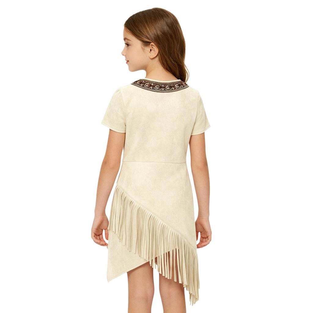 Vestito da bambina stile Southwest con frange Ispirazione nativa Manica corta Orlo con nappe Asimmetrico per Danza teatrale a tema