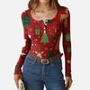 Women's Casual Fashion Christmas Print Button Long Sleeve Top