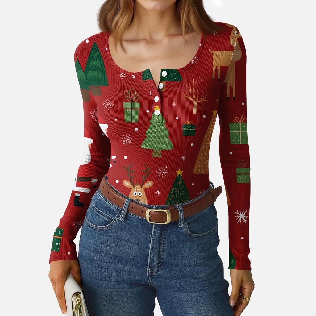 Women's Casual Fashion Christmas Print Button Long Sleeve Top