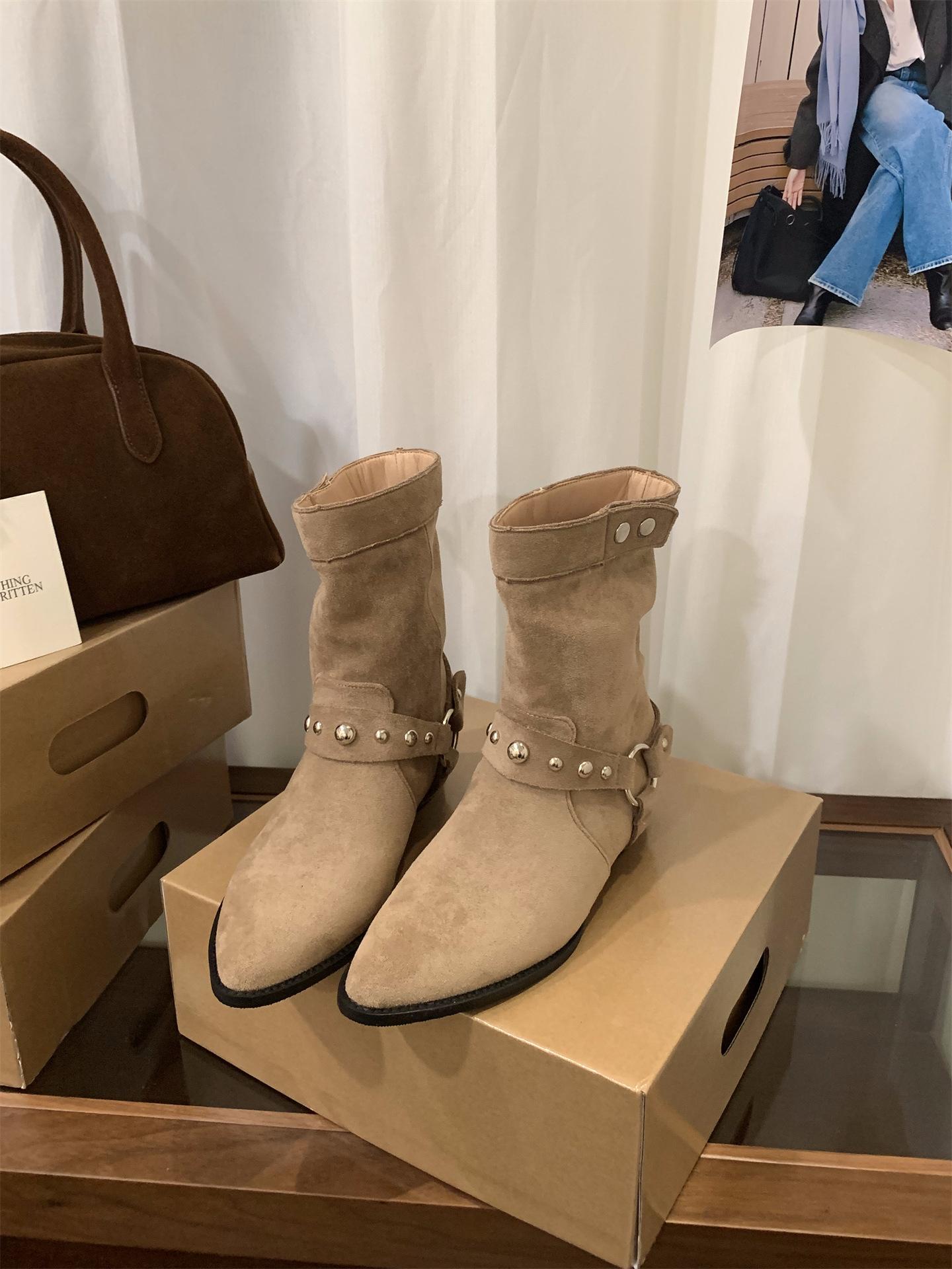 

Винтажные замшевые остроносые ботинки женская обувь 2025 осень ботинки мартин коричневые Merad Liuding ковбойские ботинки в западном стиле 39