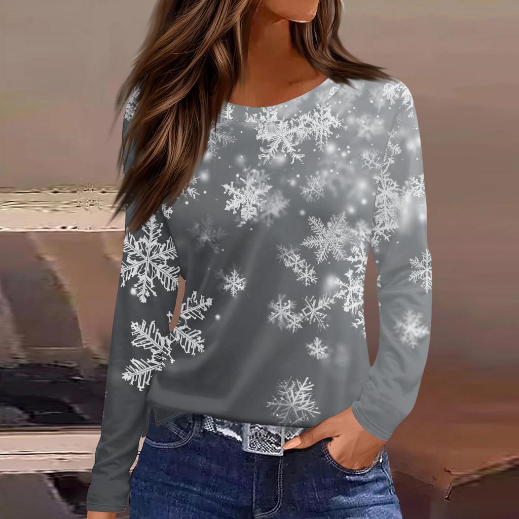 Women's Fashion Casual Slit Hem Round Neck Long Sleeve Loose Christmas Printed T-Shirt Ladies Top