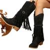 Large size knight boots fringed boots European and American retro style autumn and winter new rivet belt buckle middle boots