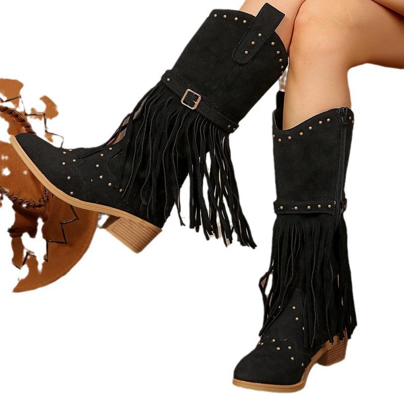 Large size knight boots fringed boots European and American retro style autumn and winter new rivet belt buckle middle boots
