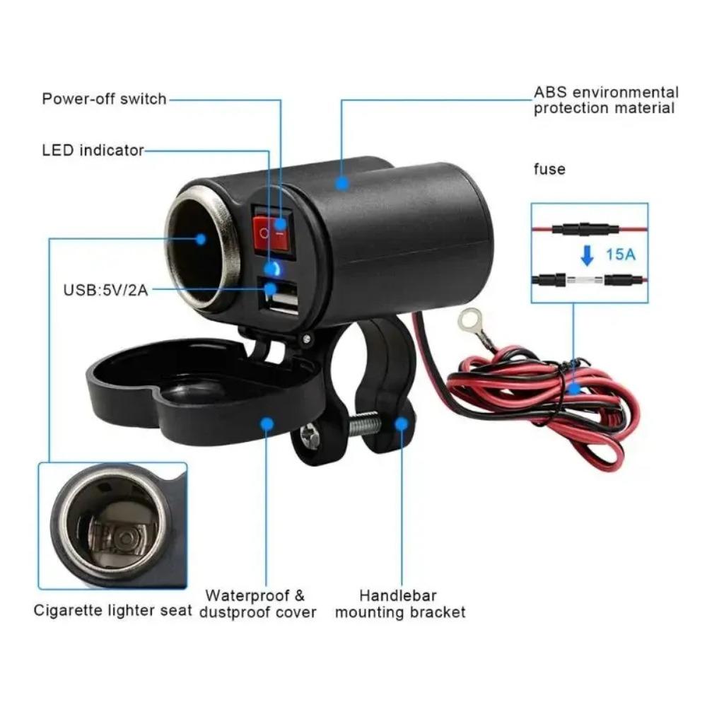 12V Motorcycle Handlebar USB Charger Waterproof Socket with Switch for Cellphones Mobile Tablets GPS