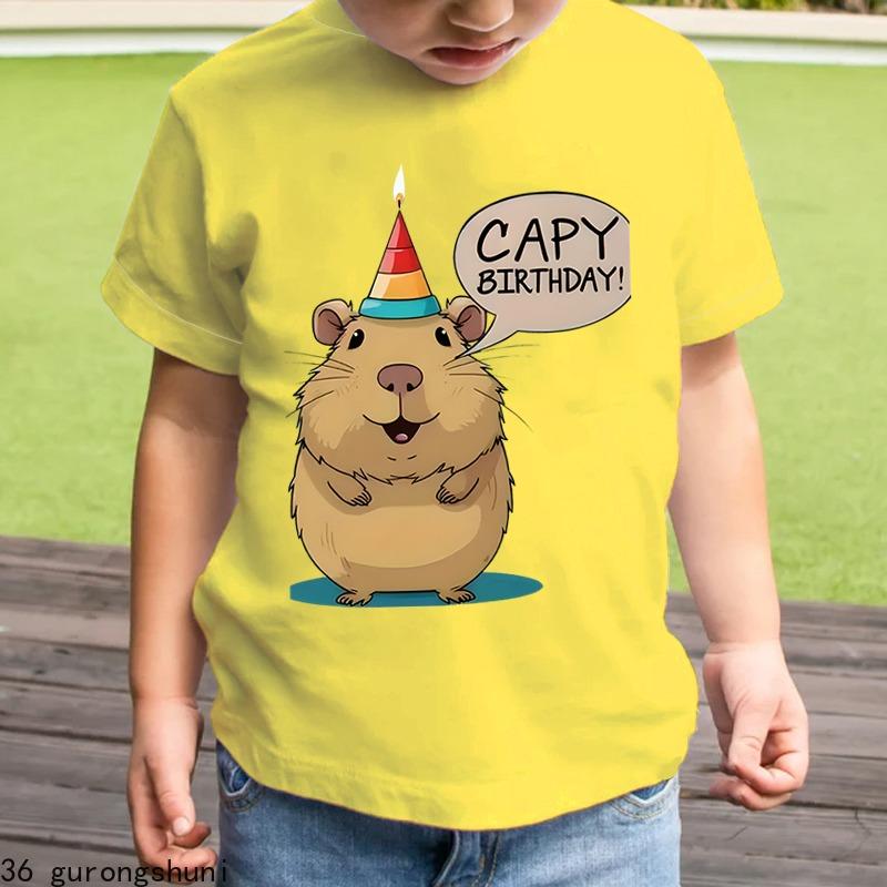 2025 Children's Capybara T-Shirt Kids Short Sleeve Shirt Capy Birthday Print Round Neck Tops Boys Girls Birthday Gift T Shirt