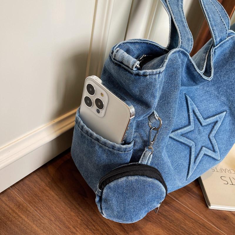 Jeanstasche Damen Große Kapazität Umhängetasche Fünfzackiger Stern Klasse Tragetasche