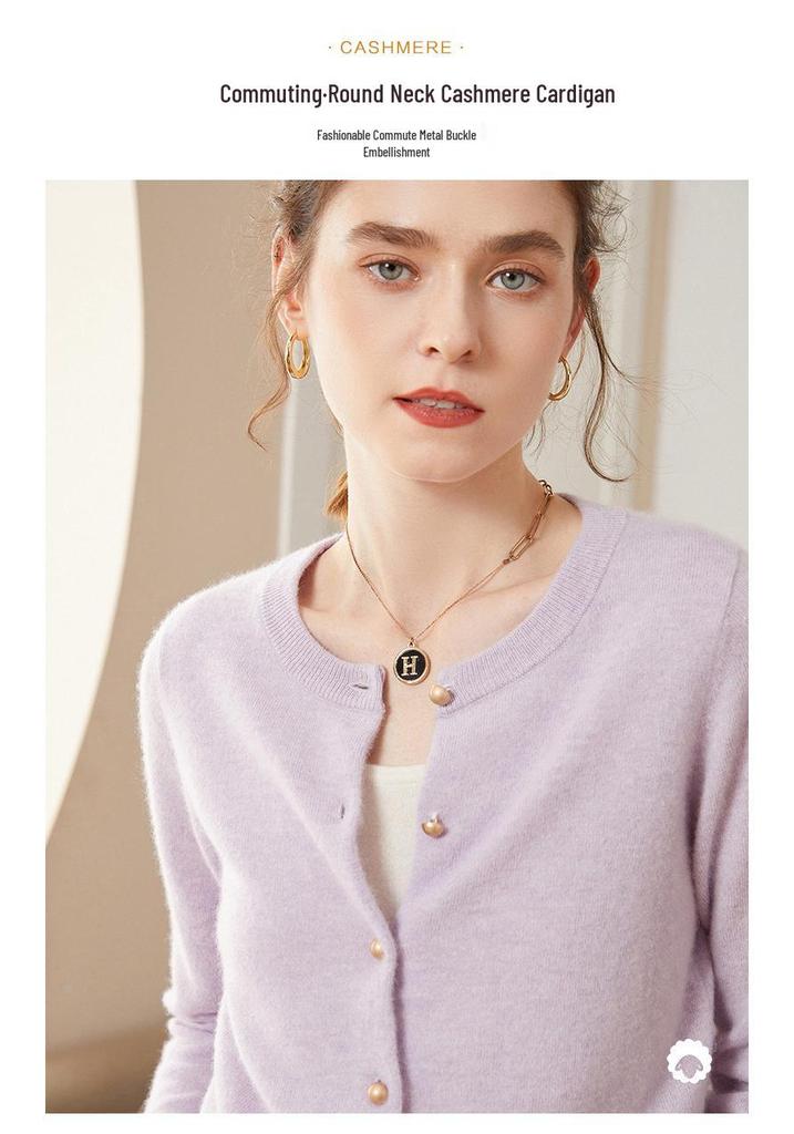 Women's Cashmere Knit Cardigan - Long Sleeve, Loose Fit, Round Neck, Versatile for Autumn/Winter Commutes