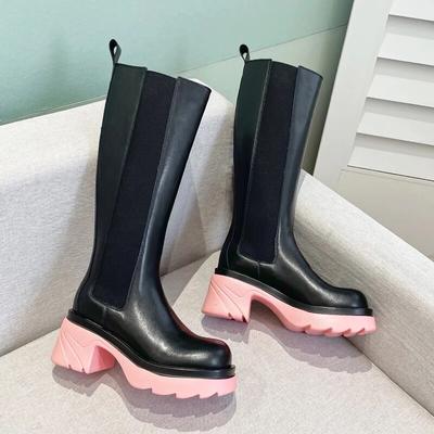 Ins Est Women Long Boots Natural Leather Plus Size 22-26Cm Cowhide Upper Chelsea Boots Autumn Side Zip Knee-High Boots High Heel
