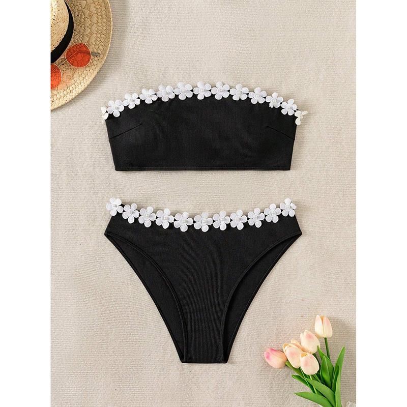 Sexy Solid Floral Strapless Bikini 2 Piece Set Women Split Swimsuit Beach New Summer Swimwear Bikinis Set