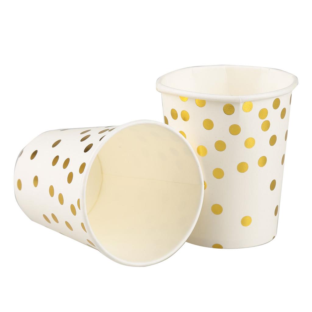 60pcs 9oz Paper Cups + 60pcs 7-inch Plates + 60pcs 9-inch Plates Set of 180pcs Disposable Drinkware & Dishware with Golden Polka