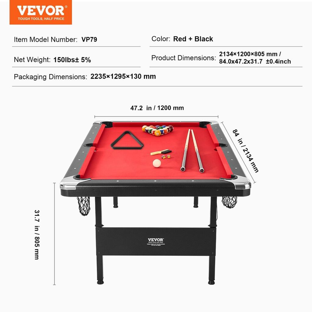 Billiards Table, 7 ft Pool Table, Portable Foldable Space-Saving Table, Billiard Table Set Includes Balls, Cues, Chalks and Brush, Black with Red