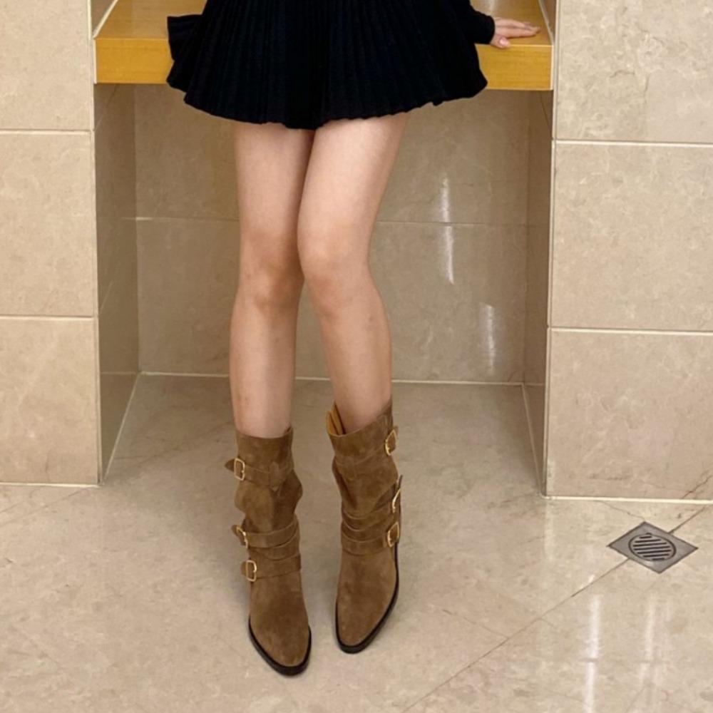 Short Boots Women Trend 2025 New Cow Suede Leather Buckle Cowboy Boots for Women Mid Calf Thick Heel Knight Boots Women's Shoes