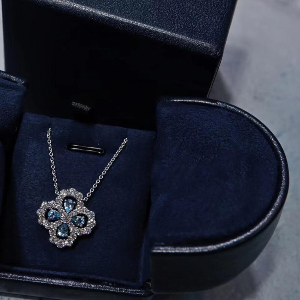 Elegant Minimalist Four Leaf Clover Necklace with Aquamarine and Full Diamonds Delicate Collarbone Chain Luxury Jewelry