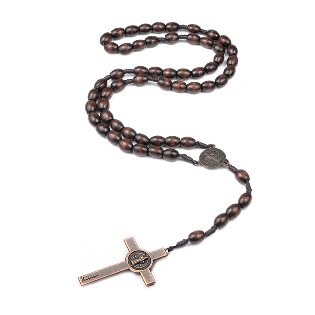 Christian Handmade Wooden Rosary Necklace Prayer Beads with Holy Soil Medal and Cross Bohemian Style for Men and Women