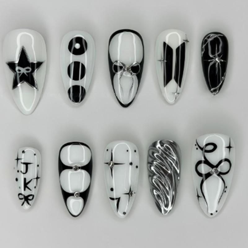 24PCS Pink Blush French False Nails Sweet Cool Metallic Silver Bow Heart with Swirl Pattern Almond Press on Nails Full Cover Tip