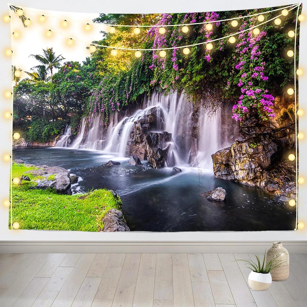 Tropical Waterfall Tapestry, Lush Greenery with Cascading Waterfall, Purple Flowers and Palm Trees Print Wall Hanging for Home