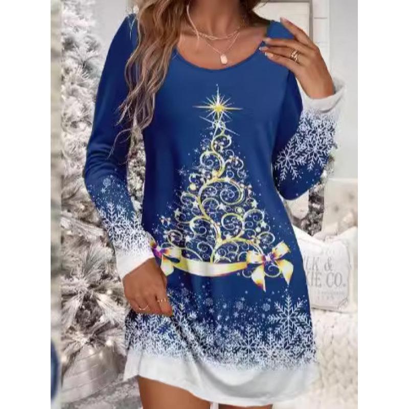 Women's Christmas Snowflake & Tree Print Casual Long Sleeve Dress