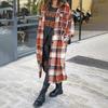 Jesień Zima Płaszcz Damski Typ Koszuli Nadruk w Kratę Jednorzędowy Kołnierz Wykładany z Kieszeniami na Piersi Rozcięcie na Dole Luźny Średniej Długości Do Noszenia na Co Dzień Do Pracy Na Zewnątrz