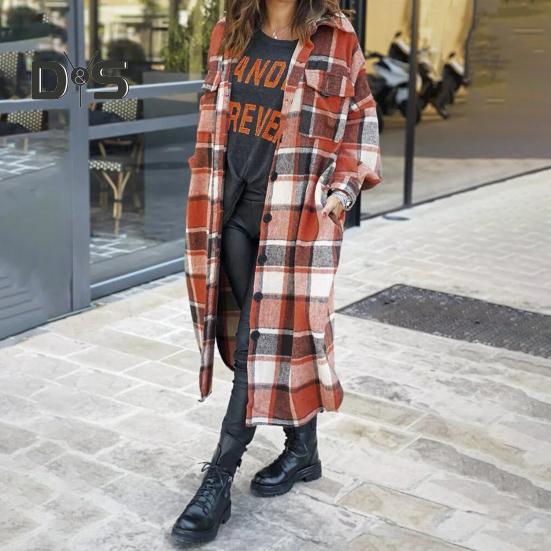 Podzim Zima Dámský Kabát Typ Košile Kostkovaný Potisk Jednořadé Zapínání Klopový Límec s Náprsními Kapsami Rozparek na Lemu Volný Střední Délka Denní Nošení Práce Venkovní