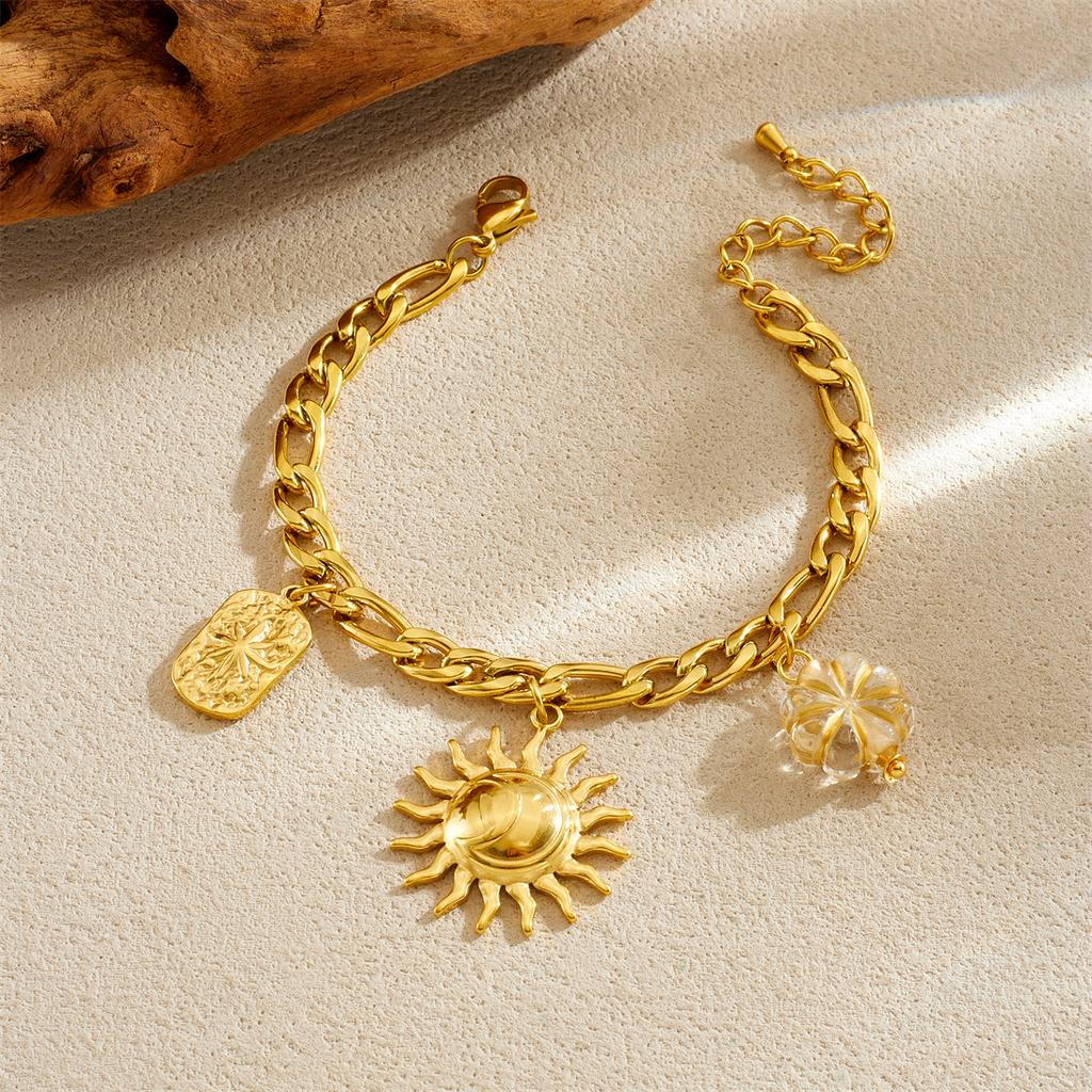 DIEYURO 316L Stainless Steel Golden Sun Totem Crystal Flower Pendant Necklace Bracelet Set Lady New Fashion Jewelry Glamorous