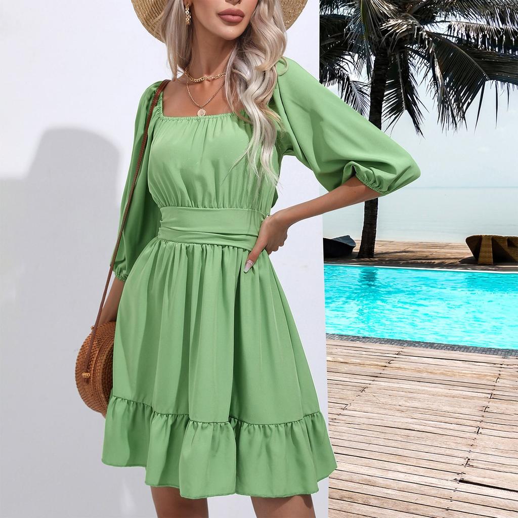 Dámské letní šaty na zavazování s čtvercovým výstřihem, volánky, puf rukávy s pětibodovou délkou, zavazováním, drapováním, odhalenými rameny, áčkového střihu, ležérní