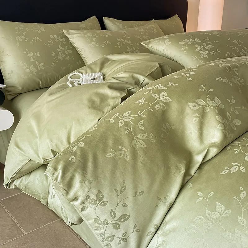 Light Luxury Satin Jacquard Solid Fitted Sheet Sets Pure Cotton Skin-Friendly Soft Quilt Cover 1.5/1.8M Bed Bedding for Adults