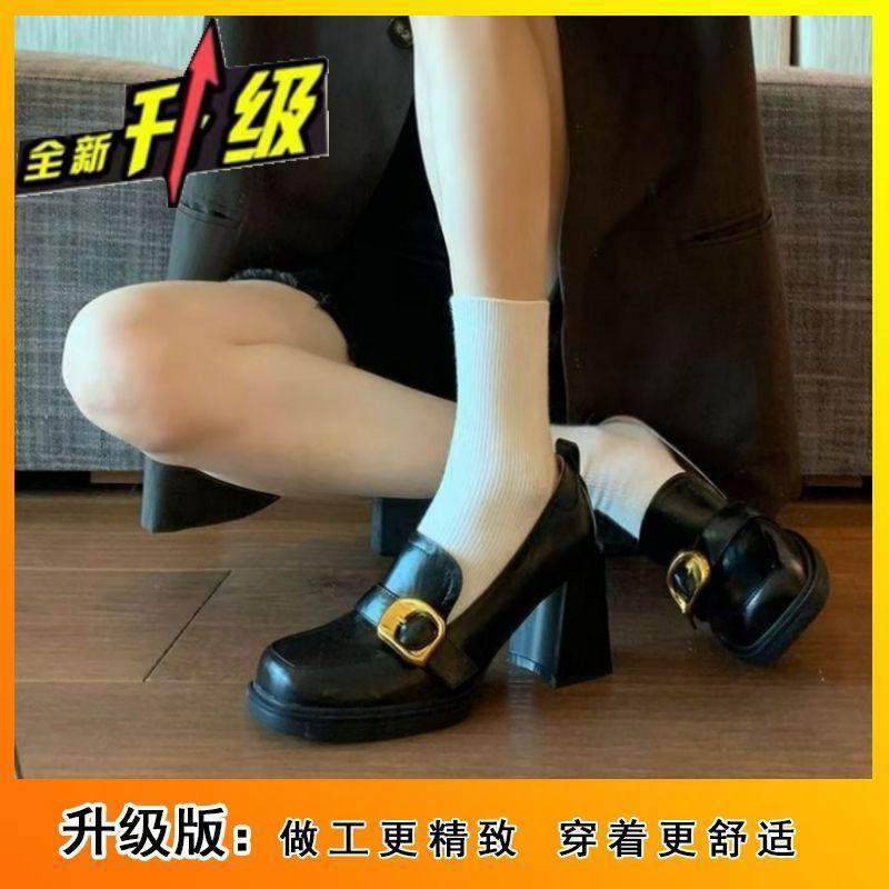 French light mouth thick heel one pedal single shoes women's spring and autumn retro British style square head high heel small leather shoes