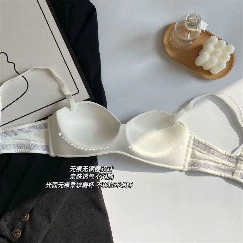 Underwear Women's Removable Shoulder Strap Tube Top Non-slip Summer Thin Small Breasts Gather and Show Large Steel Rim-free White Glossy Bra