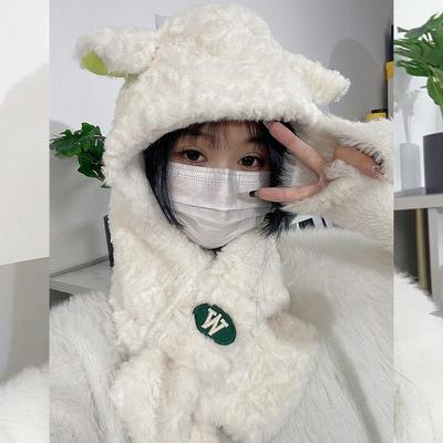 Süßer Lammohren Hut Schal integriert Damen Herbst und Winter Plüsch Warm Ohrenschutz Hut Vielseitiger Schal Pullover Hut