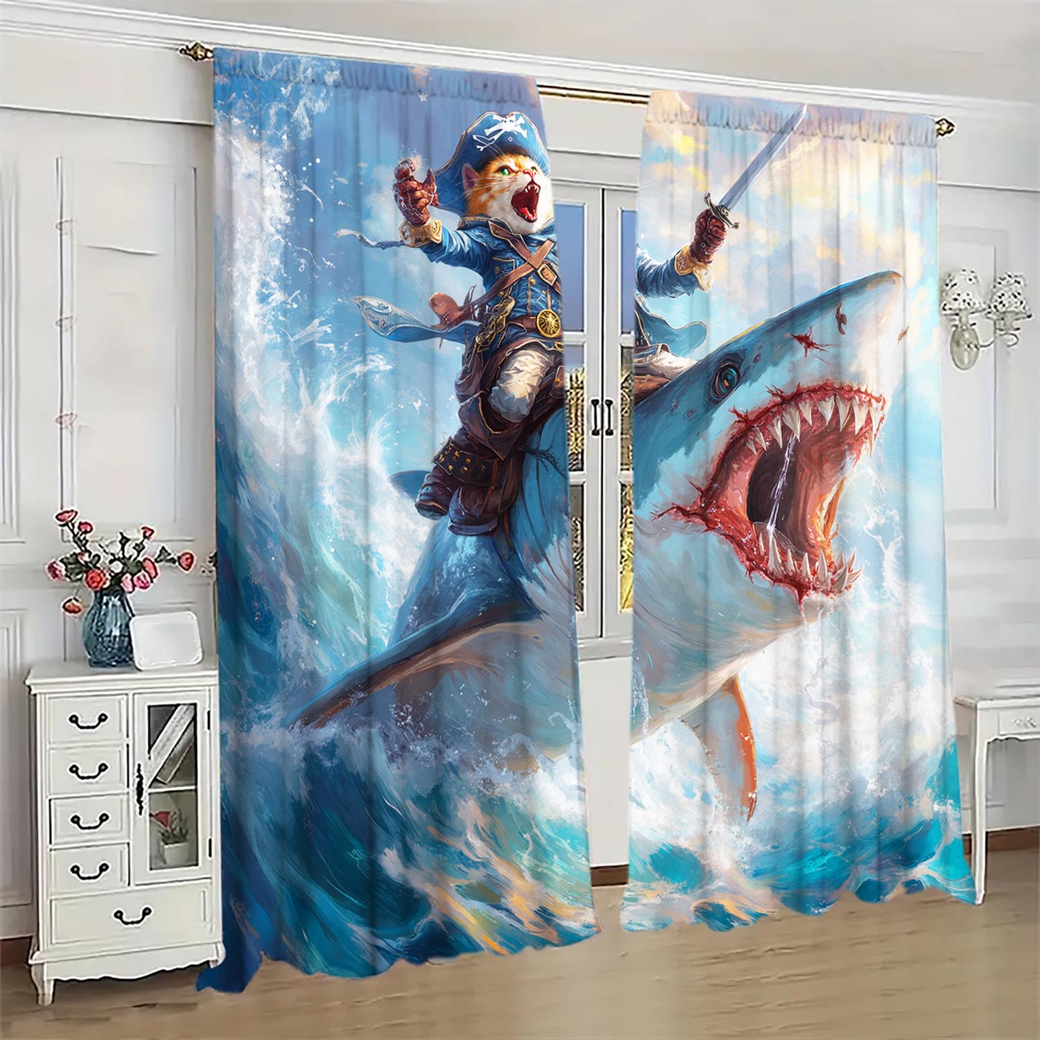 

Set Of 2 Marine Creative Themed Curtains Pirate Cat Riding Shark Pattern Semi Blocking Pole Type Curtain Polyester W100*H70(CM)-Grommet top&1PCS