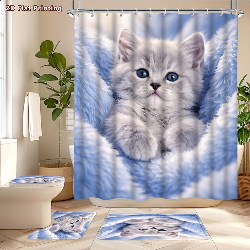 4Pcs Adorable Kitten Shower Curtain Set with Non-Slip Bath Mat, Toilet Lid Cover, Contour Rug & 12 Hooks, Bathroom Decor