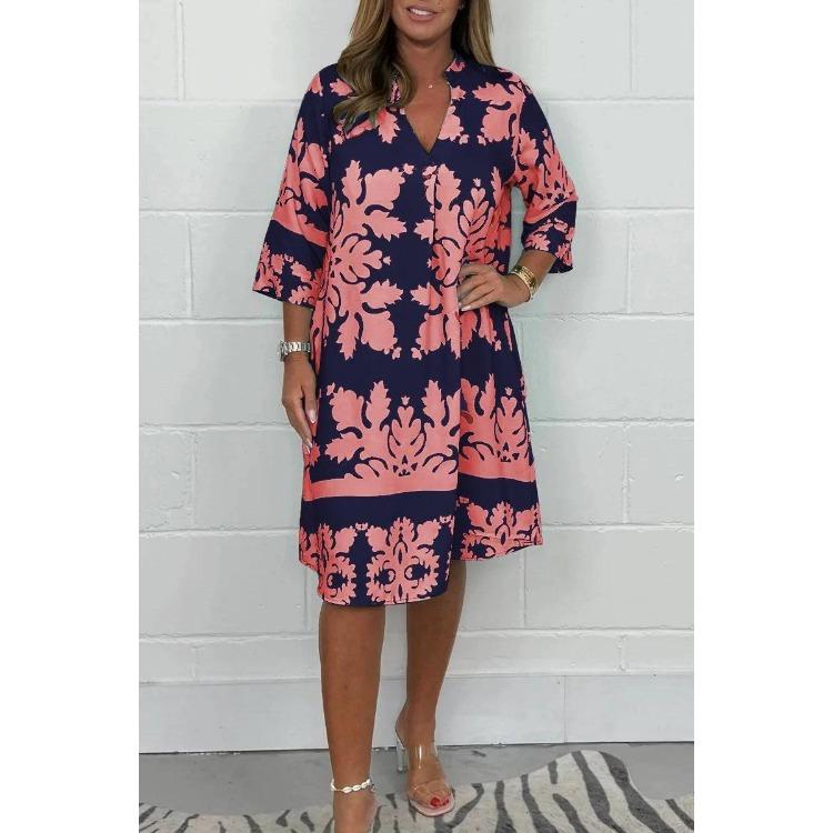Women Floral Print Dress V Neck 3 4 Sleeve Midi Fall New Casual European American Style