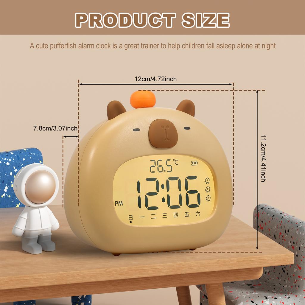 1Pc Cute Capybara Alarm Clock Bedside LED Clocks with Dimming Night Light 3 Workday Alarm Mode Rechargeable Alarm Clock for Kids