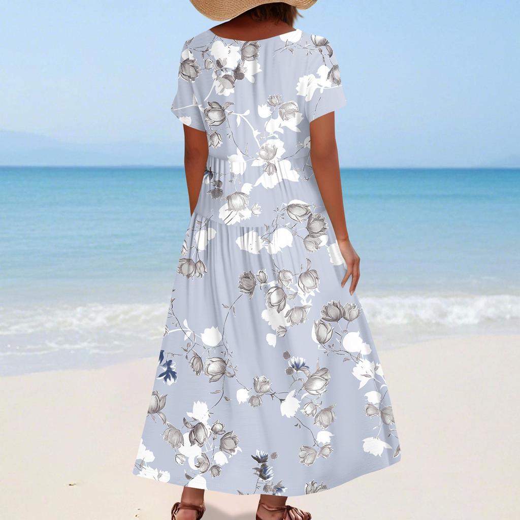 Women's Summer Casual Floral Print Short Sleeve O Neck High Waist A Line Tiered Flowy Boho Maxi Dress