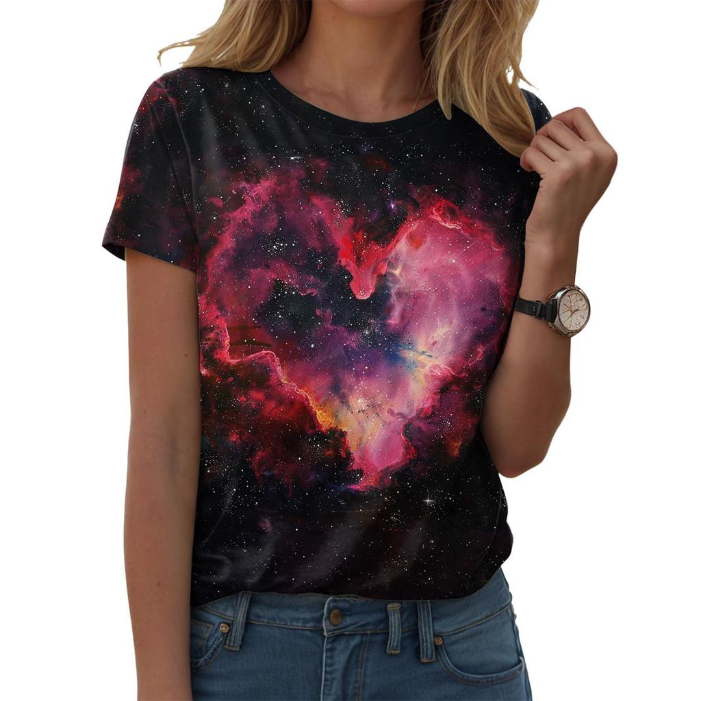 Women Galaxy Print T Shirts Glitter T-Shirts Fashionable Starry Sky Summer T-Shirts Round Neck Woman'S Summer Tops