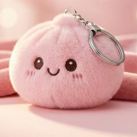 Steamed Bun Pendant Keychain with Smile Face Soft Plush Rabbit Fur Stress Reliever Portable Bag Charm for Kids Adults Skin-Friendly