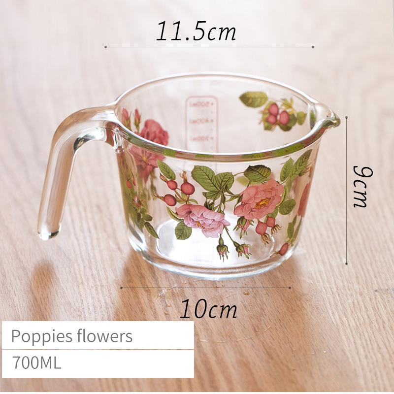 Retro Flower Measuring Cup with Lid Glass Milk Juice Cup with Scale Measuring Jars Household Kitchen Gadgets Baking Cooking Tool