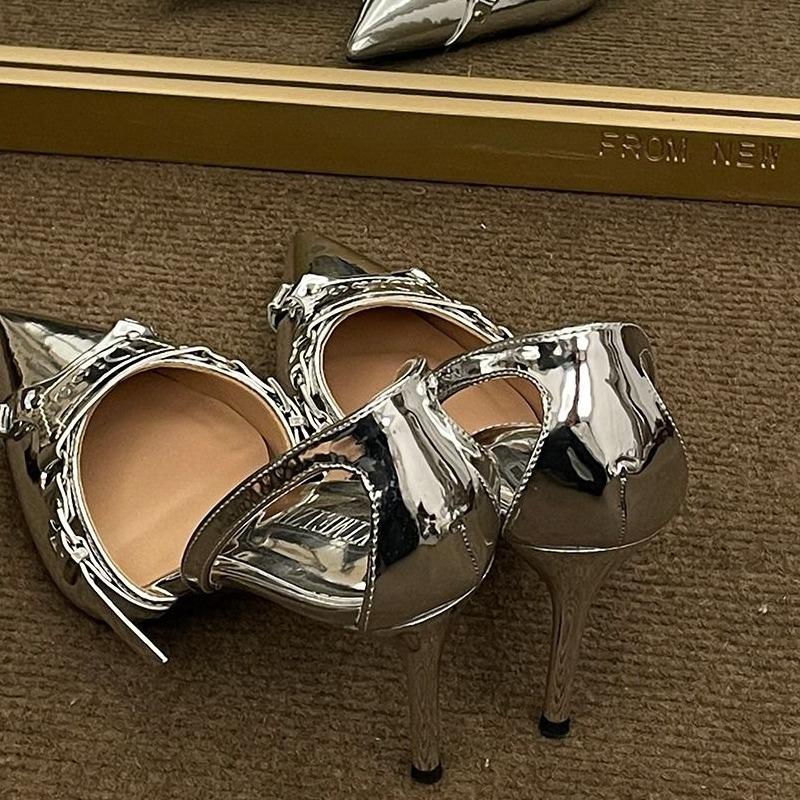 Silber High Heels Sandalen Damen Sommer 2024 Punk Goth Spitze Party Schuhe Frau Metallisch Dünner Absatz Kleid Pumps Damen