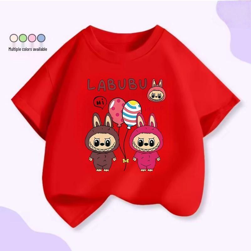 LABUBU Cartoon Print Kids' Short Sleeve T-shirt for Summer - Unisex Round Neck Top