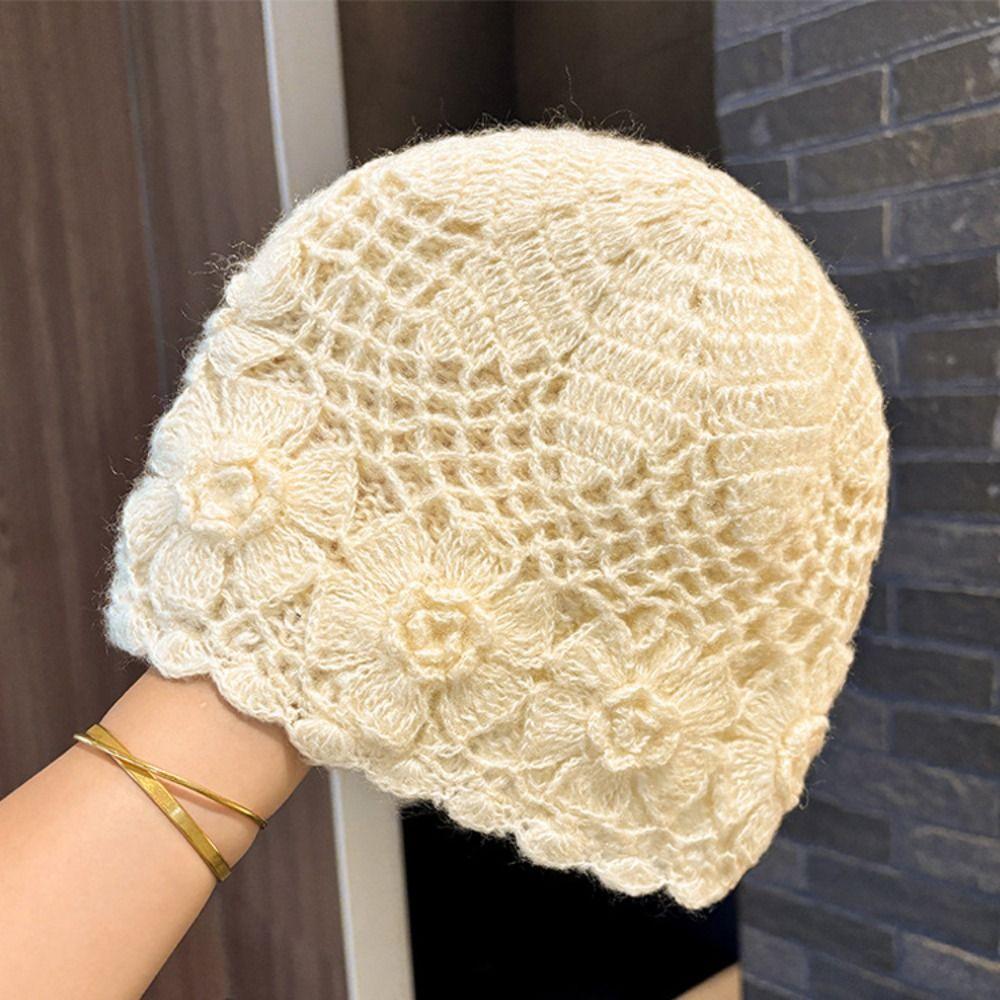Double Layer Handmade Knitted Hat Hollow Flower Pullover Hat Yarn Winter Hat Spring Autumn Winter