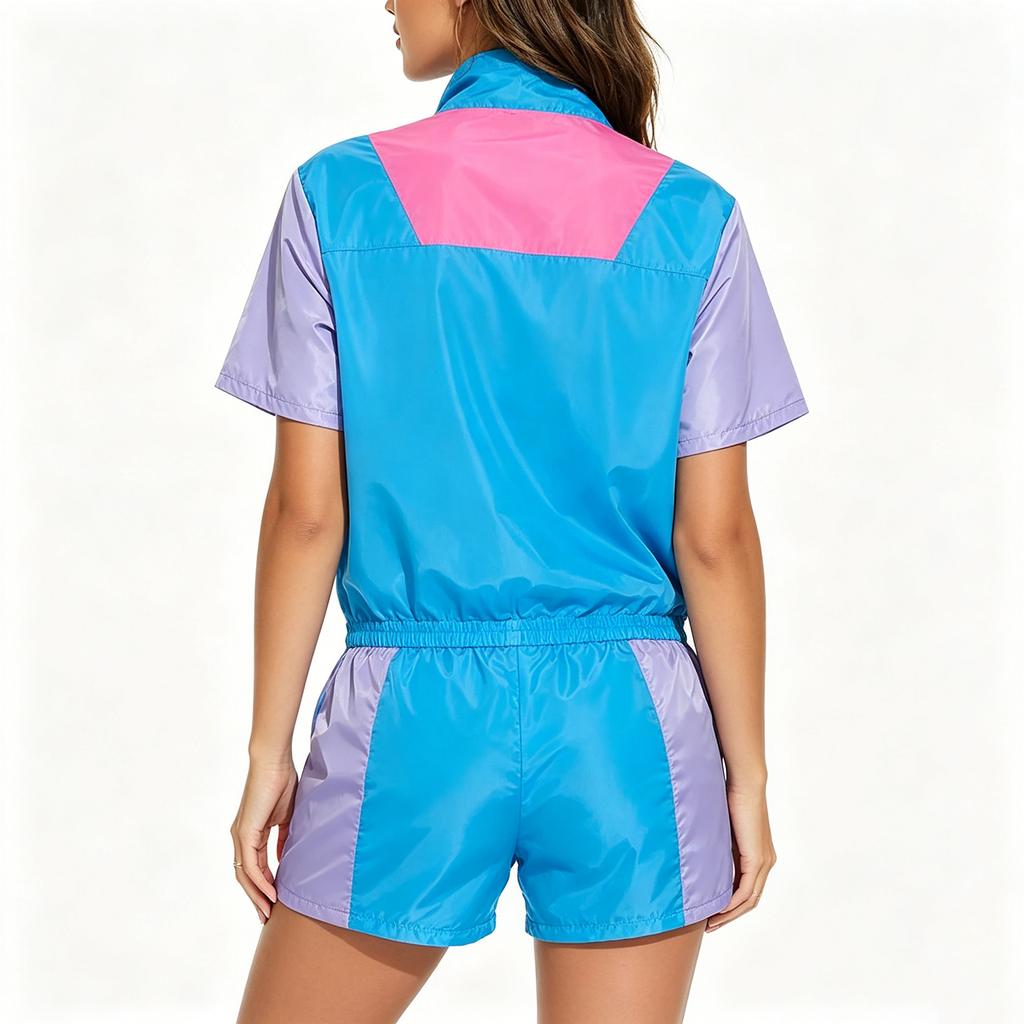 Women's Retro 80s Color Block Short Sleeve Jacket and Shorts Set Stage Performance Costume