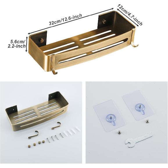 Bathroom Organizer Shelf Shower Caddy Shampoo Holder with Removable Hooks Rustproof Antique Brass Color
