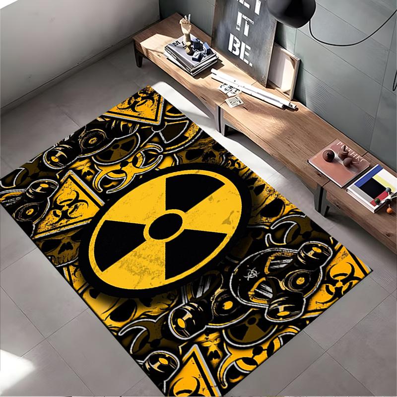 "Yellow Black Radiation Hazard Symbol Rug with Gas Mask Design" Suitable for use as an anti-slip for living room bedroom sofas
