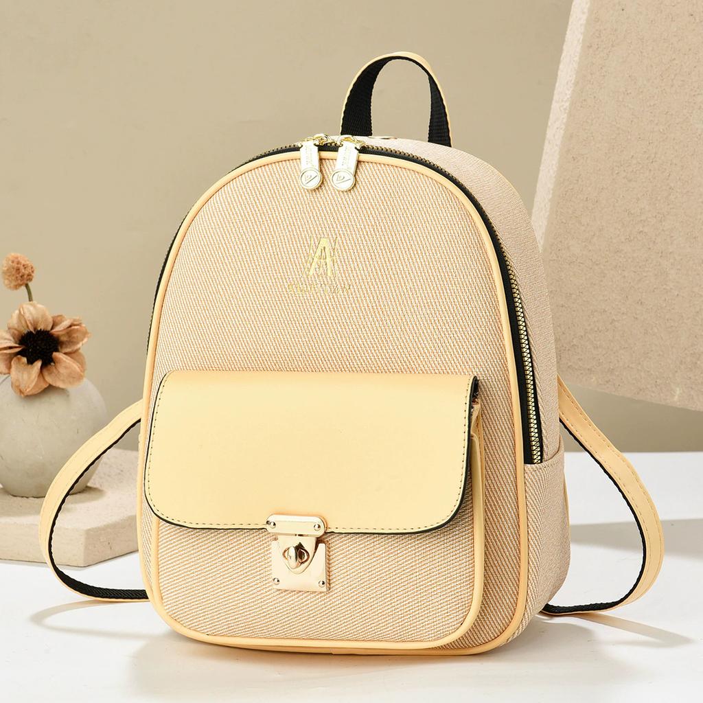 Women's Canvas & PU Leather Mini Backpack, Large Capacity Casual Daypack with Gold Lock, for Travel School Daily Use