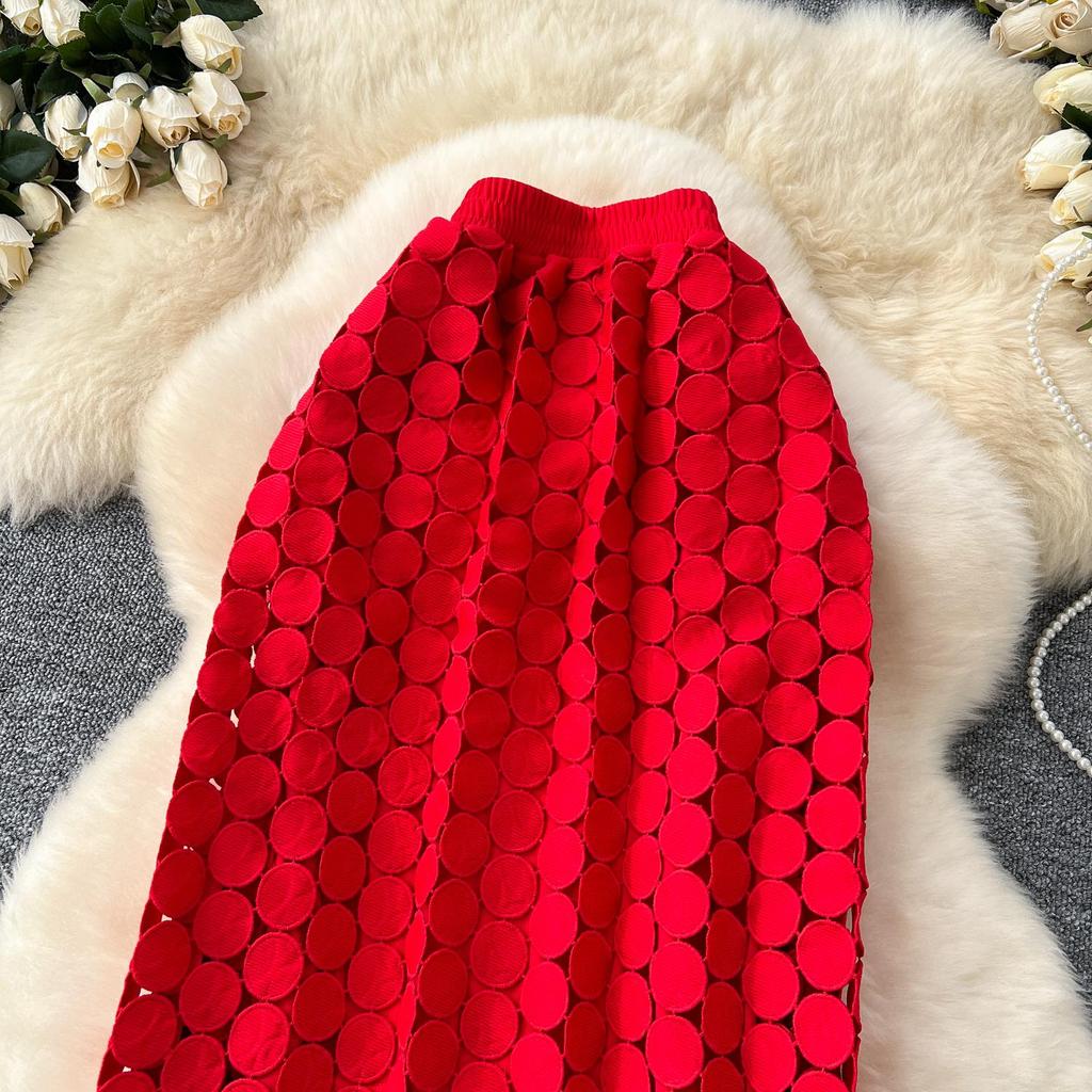 DIMANAF 2025 Neue Rock Frauen Stricken Spitze Lange Urlaub Solide Aushöhlen Sexy Dot Sommer Stil Lose Grundlegende Kleid