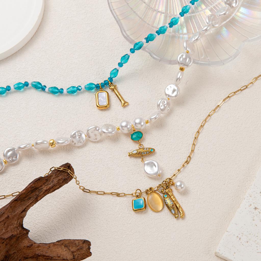 Summer Beach Series Small Fish Pearl Pendant Necklace Earrings Ocean Natural Pearl Baroque Collarbone Chain