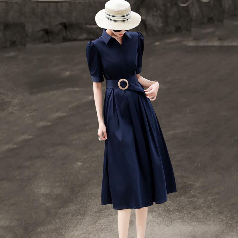 Elegant Cotton Belted Shirt Dress L темно-синий