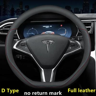 Leather Car Steering Wheel Cover For Tesla Model 3 Y S X 2024 36-38 CM Black Auto Interior Accessories